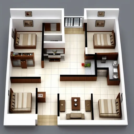 Prompt: Suggested Layout for 1150 Sq.Ft 2 BHK Flat:
Entrance

Main Door (3 ft wide)
Living Room

Dimensions: 15 ft x 20 ft
Placement: Center of the flat
Windows: Two large windows for ventilation
Kitchen

Dimensions: 10 ft x 10 ft
Placement: Adjacent to the living room
Door: Open to the living room
Window: Small window for ventilation
Bedroom 1

Dimensions: 12 ft x 12 ft
Placement: One side of the living room
Attached Bathroom: 5 ft x 7 ft
Window: One window for natural light
Bedroom 2

Dimensions: 12 ft x 12 ft
Placement: Opposite side of the living room
Attached Bathroom: 5 ft x 7 ft
Window: One window for natural light
Balcony

Dimensions: 5 ft x 10 ft
Placement: Accessible from the living room
Corridor

Width: 3 ft
Connects all rooms