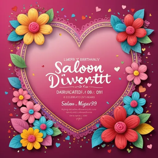 Prompt: Invitation card for a (girl's birthday), heart and (flower theme), whimsical and cheerful atmosphere, vibrant colors, cheerful mood, children's birthday celebration, text: "Salón Diverti Kids Miguelete 1789, 17hs to 20hs, 9 years", ultra-detailed, HD, fanciful floral borders, decorative hearts, playful fonts, sunny background with confetti, high-quality stationary design.