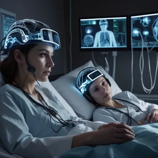 Prompt: photorealistic, (dark color scheme), hospital room, mid close-up of a man and woman on beds, wearing (high-tech helmets), connected to monitors with (tangled wires), (LED lights) illuminating digital displays, (cold lighting), brainwave visuals flickering on screens, (highly detailed), (4K), ultra-realistic quality, intricate details, moody ambiance.