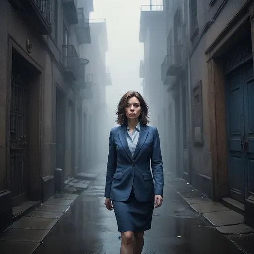 Prompt: (ultra-detailed) image of a woman, brown hair, 35 years old, wearing a tailored blue suit, looking around uncertainly, walking down an empty city street enveloped in thick fog, eerie ambiance, mysterious atmosphere, distorted door with lion-head door knockers in the background, cool tones, dramatic lighting, cinematic depth, captures feelings of isolation and intrigue, enhancing the sense of an abandoned urban environment.