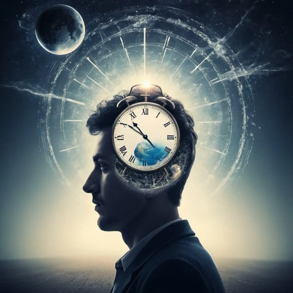 Prompt: Make a poster showing person in parallel world thinking in confused state thinking of when a time will come that his all desires are fulfilled 
Also add a person thought thinking 
