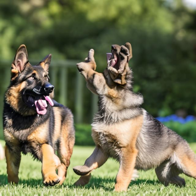 Prompt: German Shepard and puppy playing in yard
