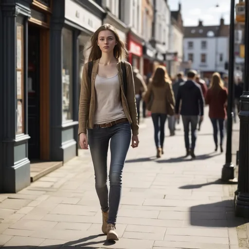 Prompt: Tall young woman walking down the high street, detailed clothing, realistic, natural lighting