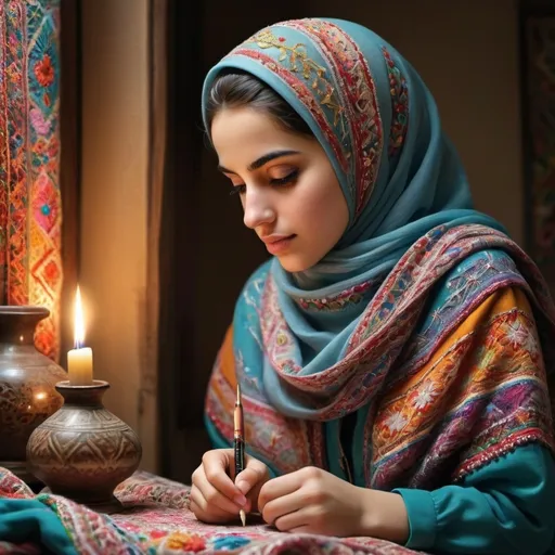 Prompt: A (very natural) image of an Iranian girl wearing a (colorful hijab), meticulously embroidering, capturing the (delicate details) of her craft. Soft, warm lighting enhances the (cozy atmosphere), with a blurred background featuring traditional Iranian patterns. The overall scene exudes tranquility, reflecting the deep connection she has with her art. High quality, (ultra-detailed), evoking cultural appreciation and (artistic flair).