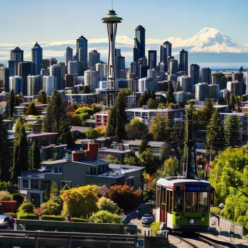 Prompt: Create seattle skyline from kerry park but have queen anne avenue north in frame as well with a super modern electric tram ascending the hill