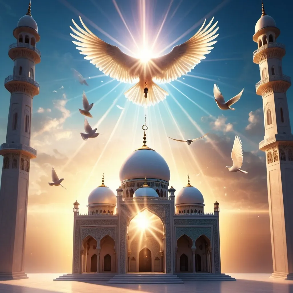 Prompt: (mystical cube) mosque, bird, angel, light rays illuminating, celestial atmosphere, ethereal glow, harmonious colors, high contrast, spiritual, serene and uplifting, dramatic lighting, heavenly ambiance, intricate architectural designs of mosque, birds soaring gracefully, angelic figure radiating warmth, background showcasing a radiant sky with beaming light, ultra-detailed, 4K resolution, award-winning masterpiece, visually stunning composition