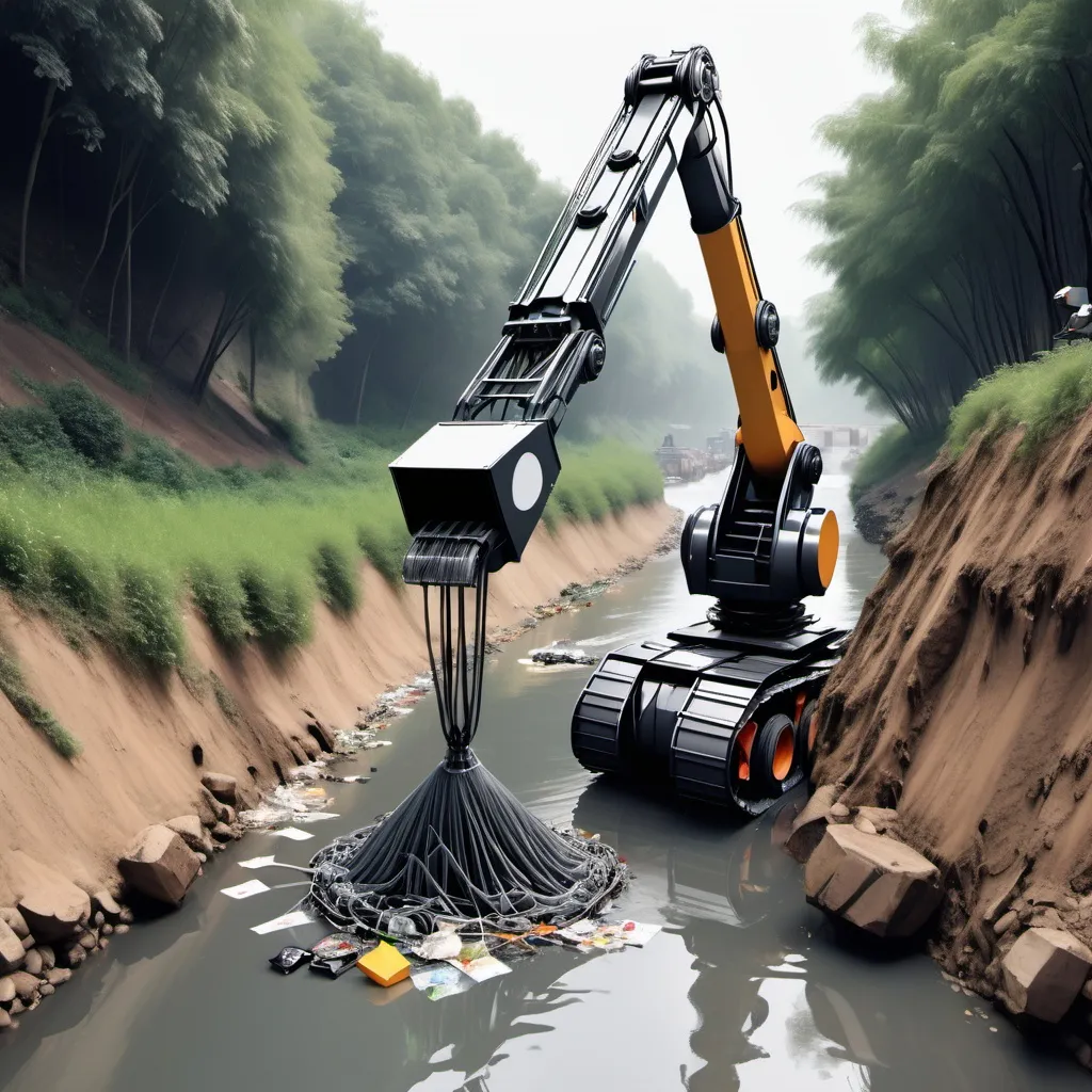 Prompt: an ai robot look simillar to crane collect the full of trash net at the pipe, discharging to drainage. the robot placing on river bank