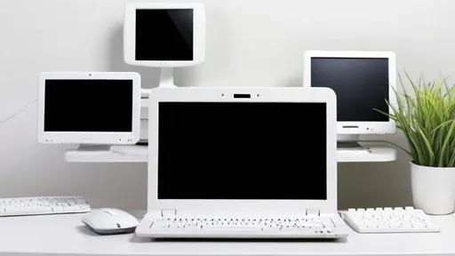 Prompt: White desktop with netbooks, computers, monitors, tablets...