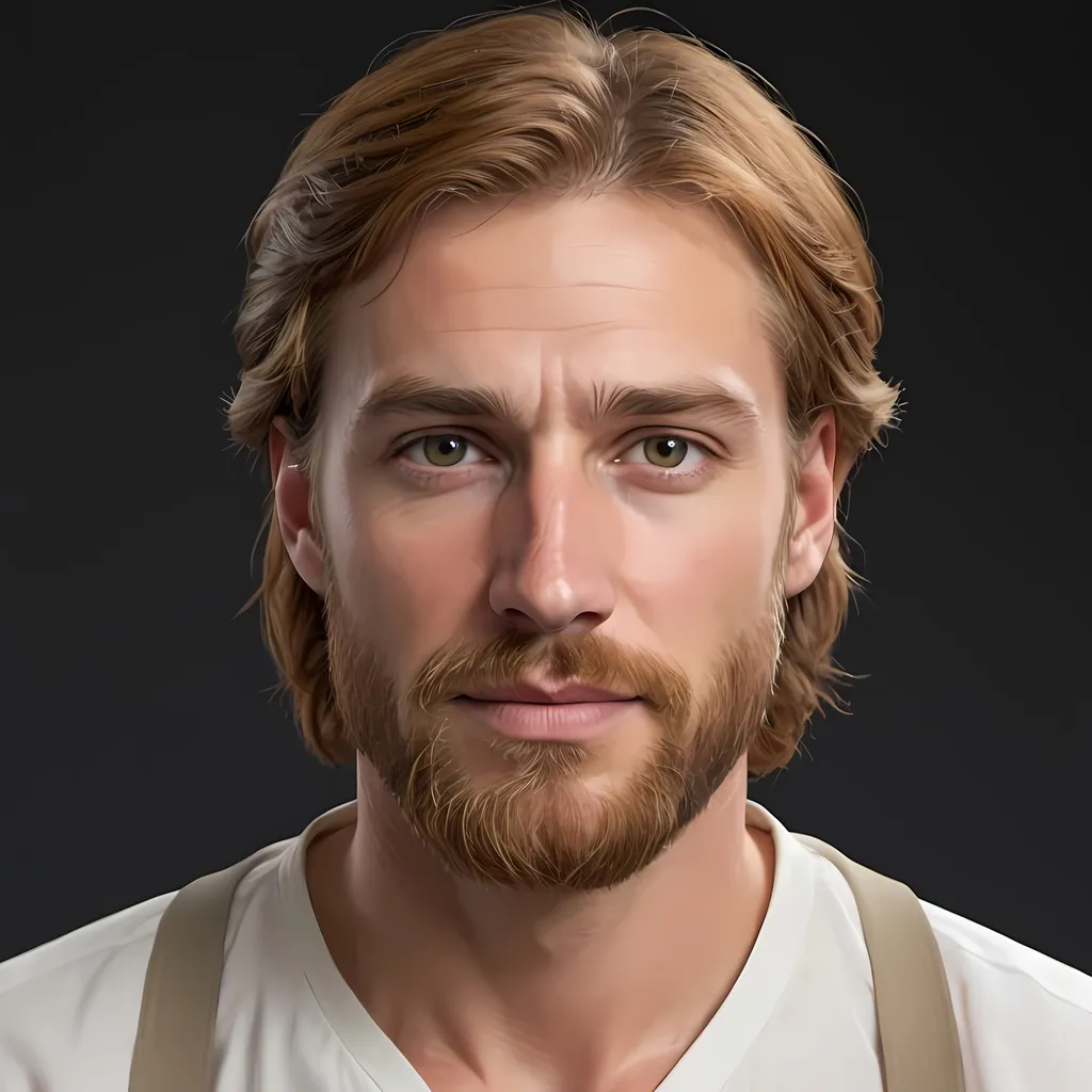 Prompt: 5'10 man with longer orange-brown hair covering ears, light well-kept beard, wearing lightly baggy white shirt with light brown straps, dark khaki or tan pants, realistic, modern, detailed facial features, professional, high quality, warm natural lighting