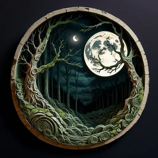 Prompt: Engraved image on distressed stone in dense woods, moonlit setting, moss-covered, high quality, stone engraving, moonlit, dense woods, distressed, mossy, atmospheric lighting, only one moon, detailed carving, natural setting, mystical