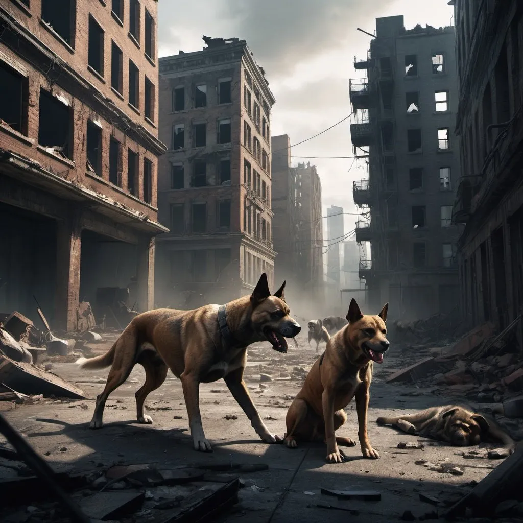 Prompt: High-resolution, dystopian cityscape, detailed fighting dogs in an urban setting, abandoned city, intense battle, post-apocalyptic, dramatic lighting, fierce canines, city ruins, action-packed, moody atmosphere