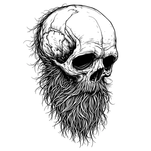 Prompt: Envision a striking black and white line drawing in a misc-macabre style, monochromatic, simplistic design, showcasing a hauntingly detailed skull zombie with an unruly beard that adds an eerie allure to its appearance. The skull leans slightly to one side, with hollow eyes that seem to draw you into their depths, conveying a sense of both menace and melancholy. Wisps of tangled hair intertwine with the beard, whispering of the creature’s past life. 
