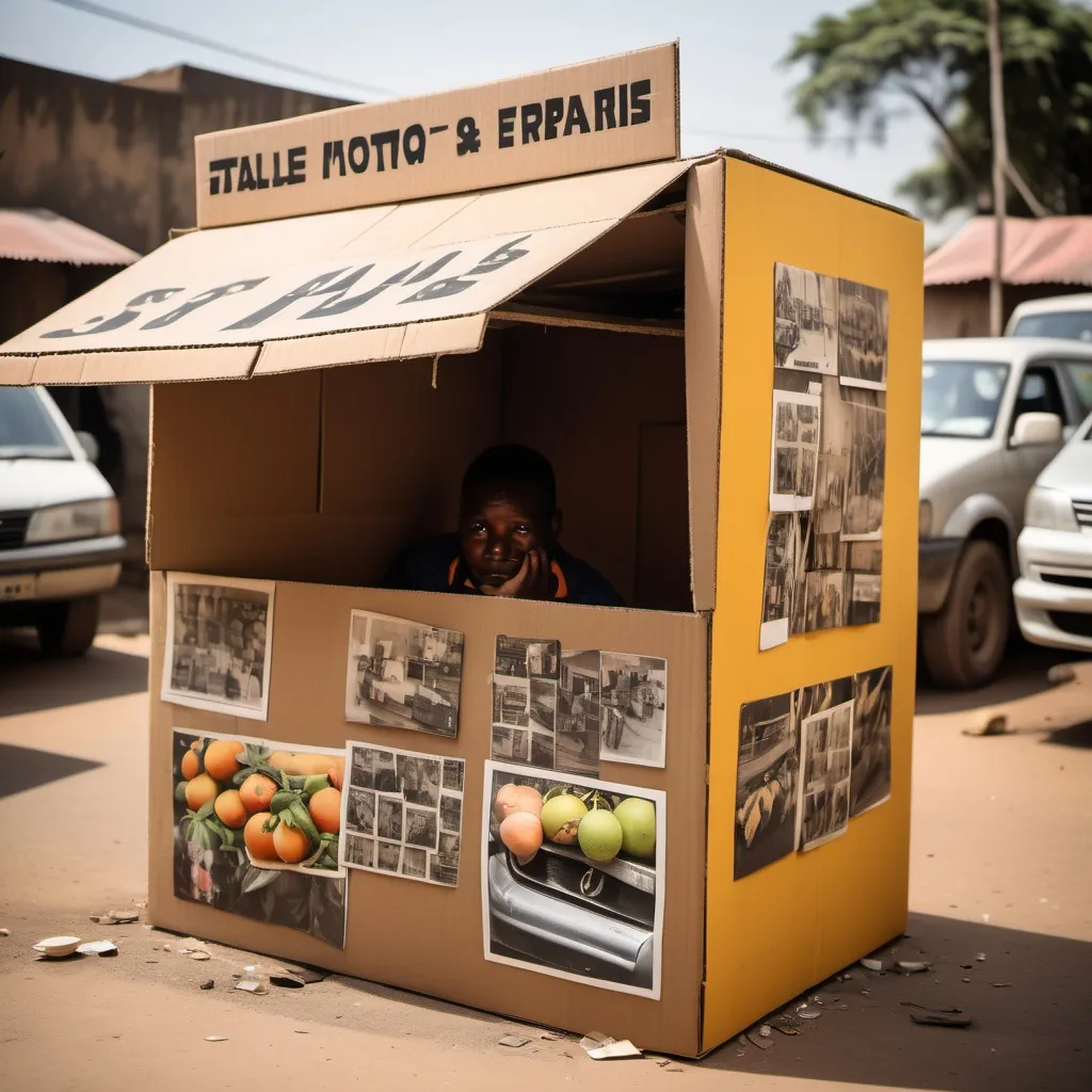 Prompt: a cardboard box frame that represents a stall that sells fruits, but on the inside is a collage of lethabos motor REPAIR shop. where regular costomers come and then people from tghe city also bring their cars to lethabo to get fixed. this should show the now, the new and the next of his mechanic shop