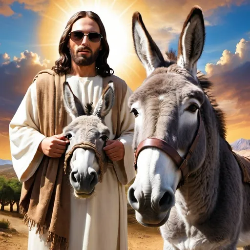 Prompt: jesus and his donkey both wearing sunglasses