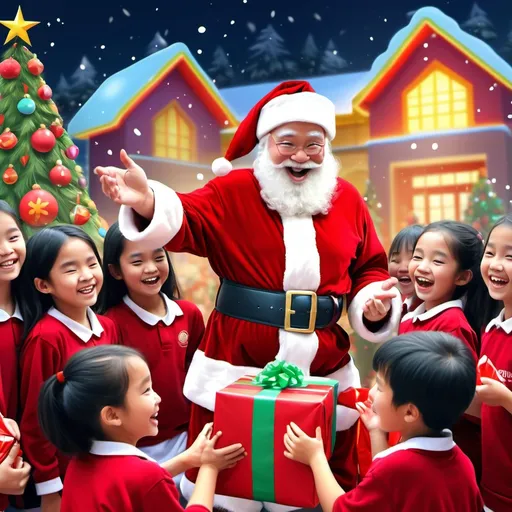 Prompt: Santa Claus giving presents, (jolly expression), colorful sack of gifts, surrounded by cheerful DNC School students, festive atmosphere, warm lighting, snowy backdrop, decorated Christmas trees, high detail, 4K resolution, capturing the spirit of joy and giving during the holidays. DNC School logo (Vietnam)
