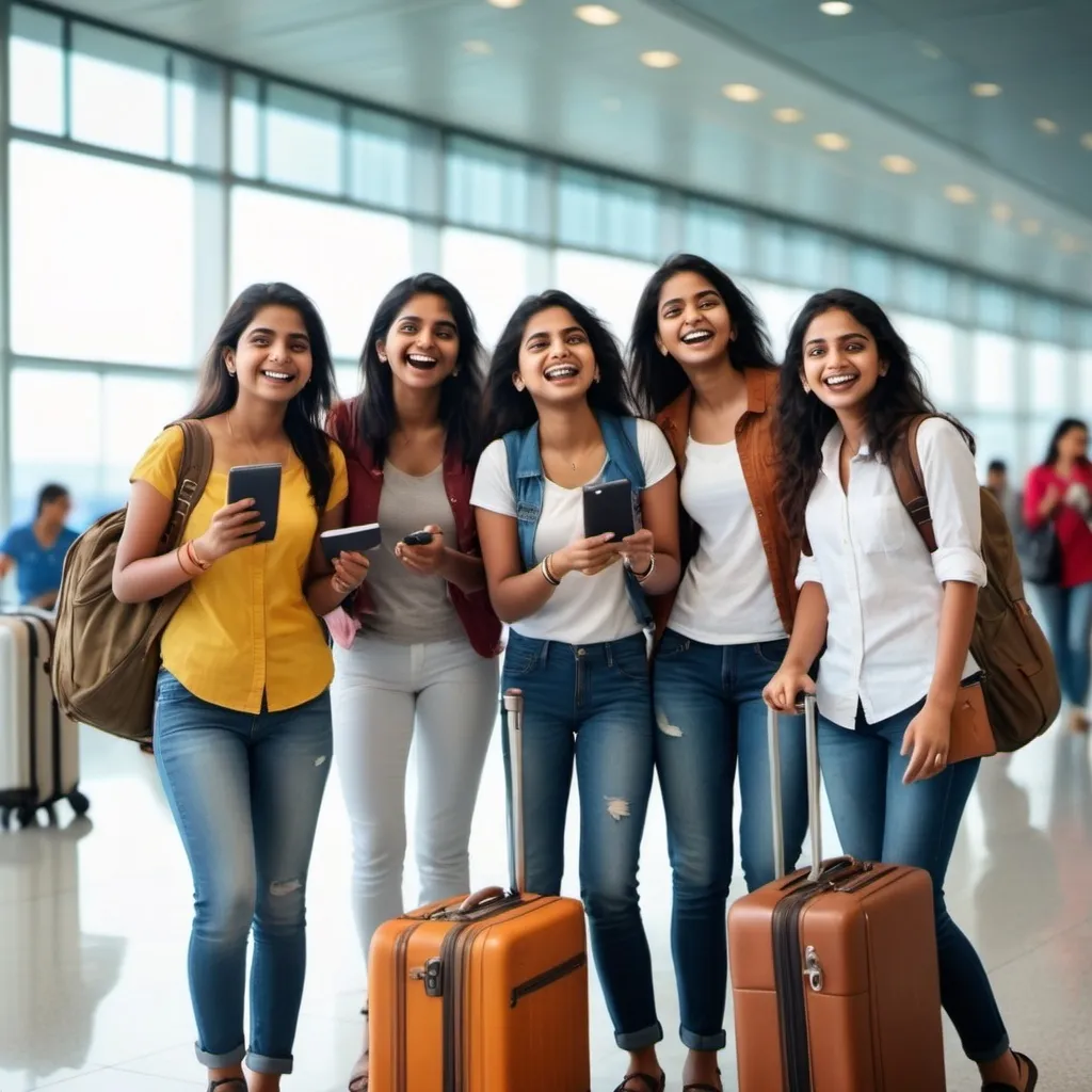 Prompt: a group of 6 Indian girls at the airpiort with their luggage ready to go for a vacation to andamans
