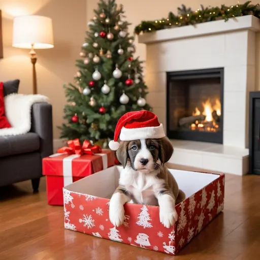 Prompt: cute brown and white puppy sitting in christmas present box with a santa hat on next to christmas tree next to a fireplace with stalkings on it in a living room