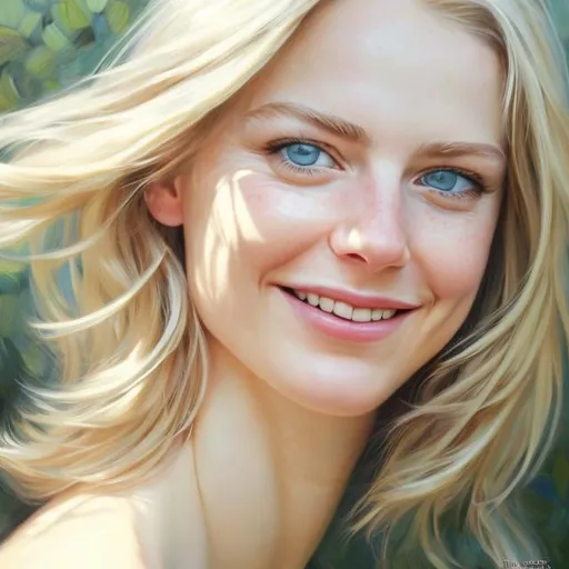 Prompt: Realistic portrait of a smiling girl, beautiful blue-green eyes, blonde hair, slim face, centered angle, detailed features, high quality, realistic, vibrant colors, natural lighting, vibrant blue-green eyes, blonde hair, detailed facial features, slim face, centered angle, natural realism, highres, detailed, vibrant colors, natural lighting