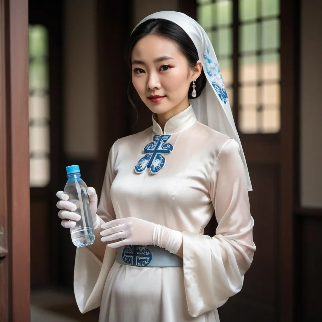 Prompt: A beautiful Chinese woman wears beautiful clothes, and white long silk gloves. Modest Catholic Attire. She holds a water bottle.