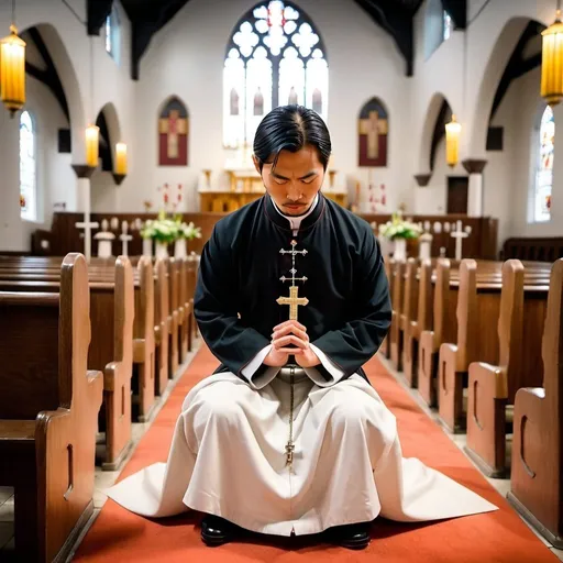 Prompt: A handsome Chinese man wears long skirt, has long hair, ponytail. He kneels and prays in Catholic church. Full body.