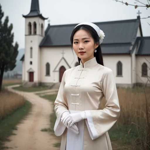 Prompt: A beautiful Chinese woman wears beautiful long-sleeves clothes, and white long silk gloves. Modest Catholic attire. She stands in rural area, behind her at distant is a Catholic church. Full body. Realistic.