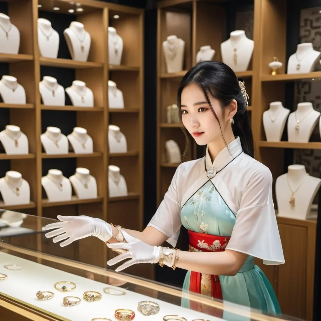 Prompt: In a modern jewelry store, a beautiful Chinese woman wears short-sleeves Hanfu and long white silk gloves. She takes out a golden ring and shows it to a customer