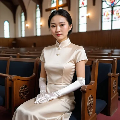 Prompt: A beautiful Chinese woman wears short-sleeves clothes, and white long silk gloves. Modest. She sits straight on chair, in Catholic church. She puts her hands on her lap.