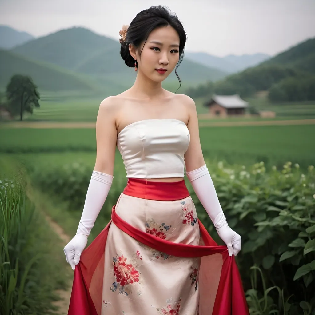 Prompt: In a rural area, a beautiful Chinese woman wears beautiful skirt, strapless top, and long satin gloves.