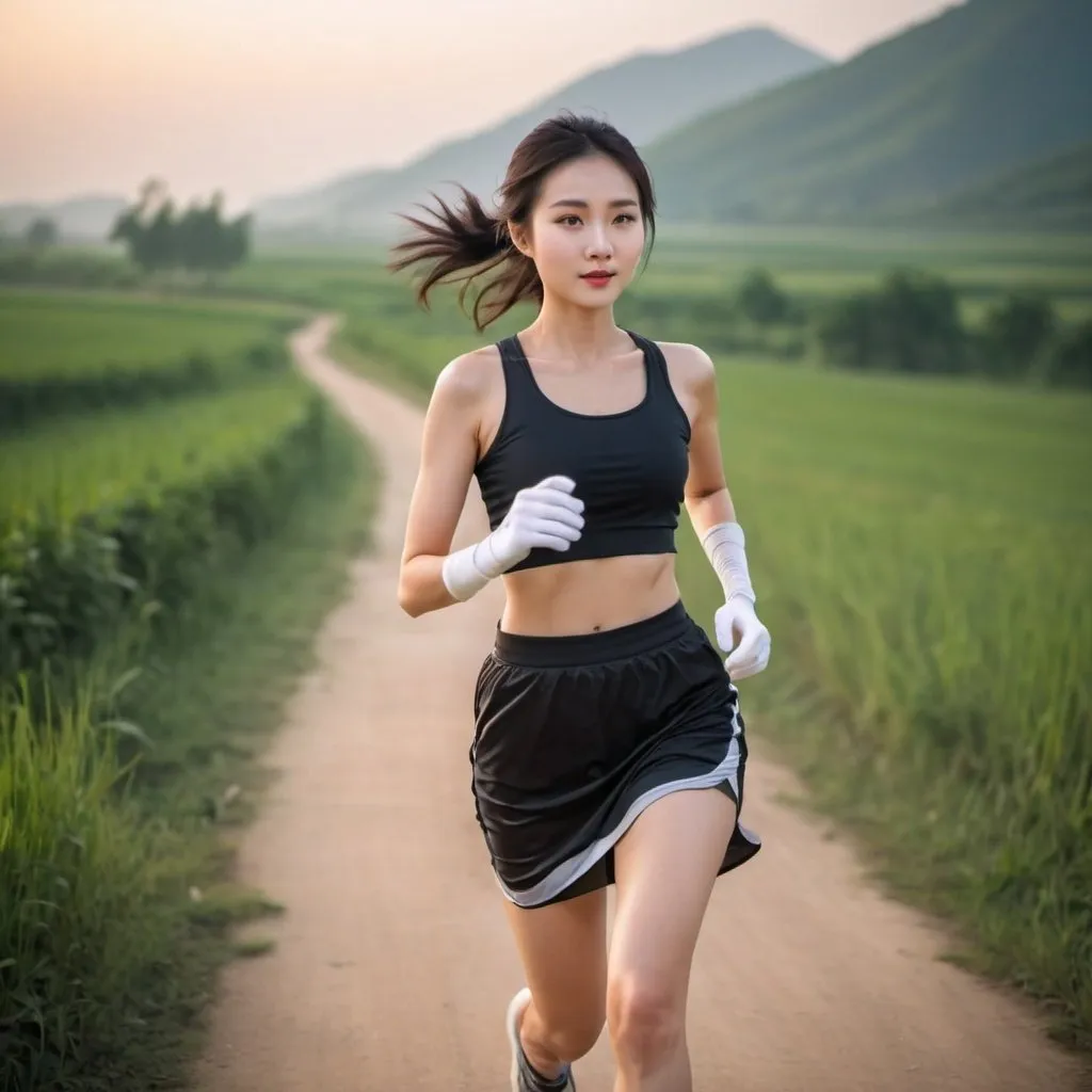 Prompt: A beautiful Chinese woman wears beautiful skirt, sport top, and long gloves. She jogs in the rural area in the evening.