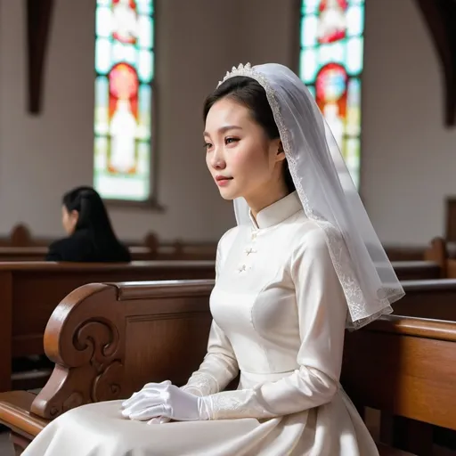 Prompt: A beautiful Chinese woman wears long-sleeves clothes, and white long silk gloves. Modest Catholic Attire, veil on hair. She sits straight on the bench, in Catholic church.