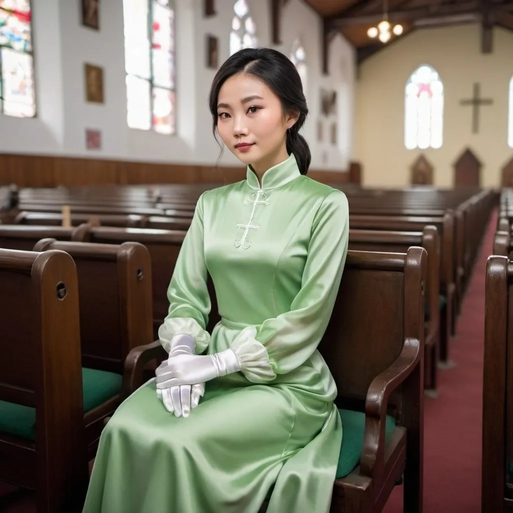 Prompt: A beautiful Chinese woman wears light green long-sleeves clothes, and white long silk gloves. Modest. She sits straight on chairs, put her hands on her lap, in Catholic church