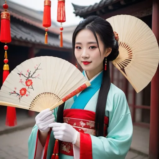 Prompt: A beautiful Chinese woman wears Hanfu, and long silk gloves. She sells Chinese fans in the market.