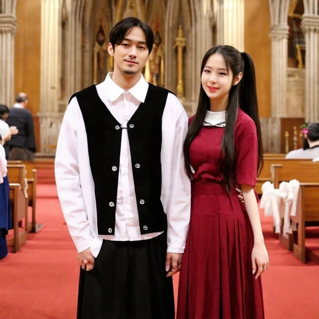 Prompt: A handsome Chinese man has long hair, ponytail, wears long skirt. He is with his beautiful girlfriend, at catholic church.
