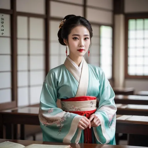 Prompt: A beautiful Chinese woman wears Hanfu, and long silk gloves. She is a teacher, teaching in the classroom.