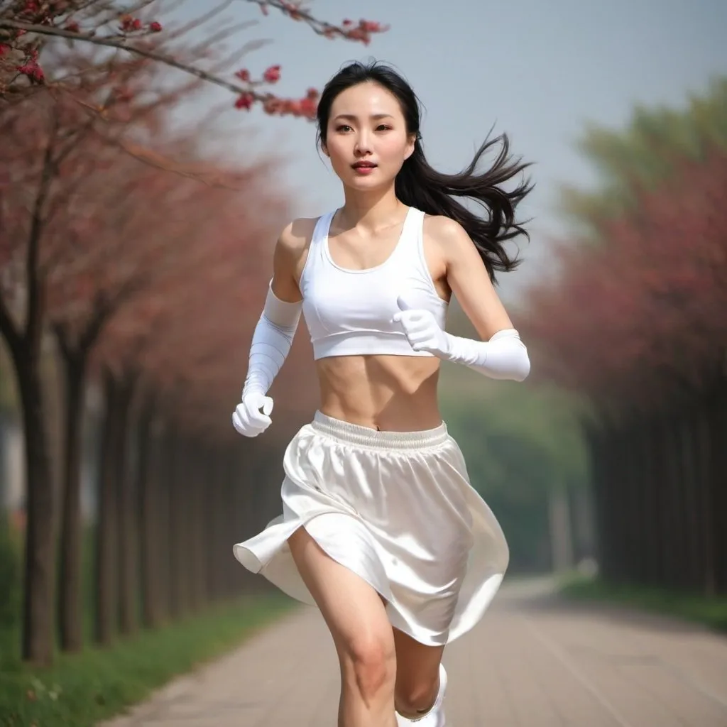 Prompt: a beautiful Chinese woman is jogging, and is wearing beautiful white long satin gloves and skirt