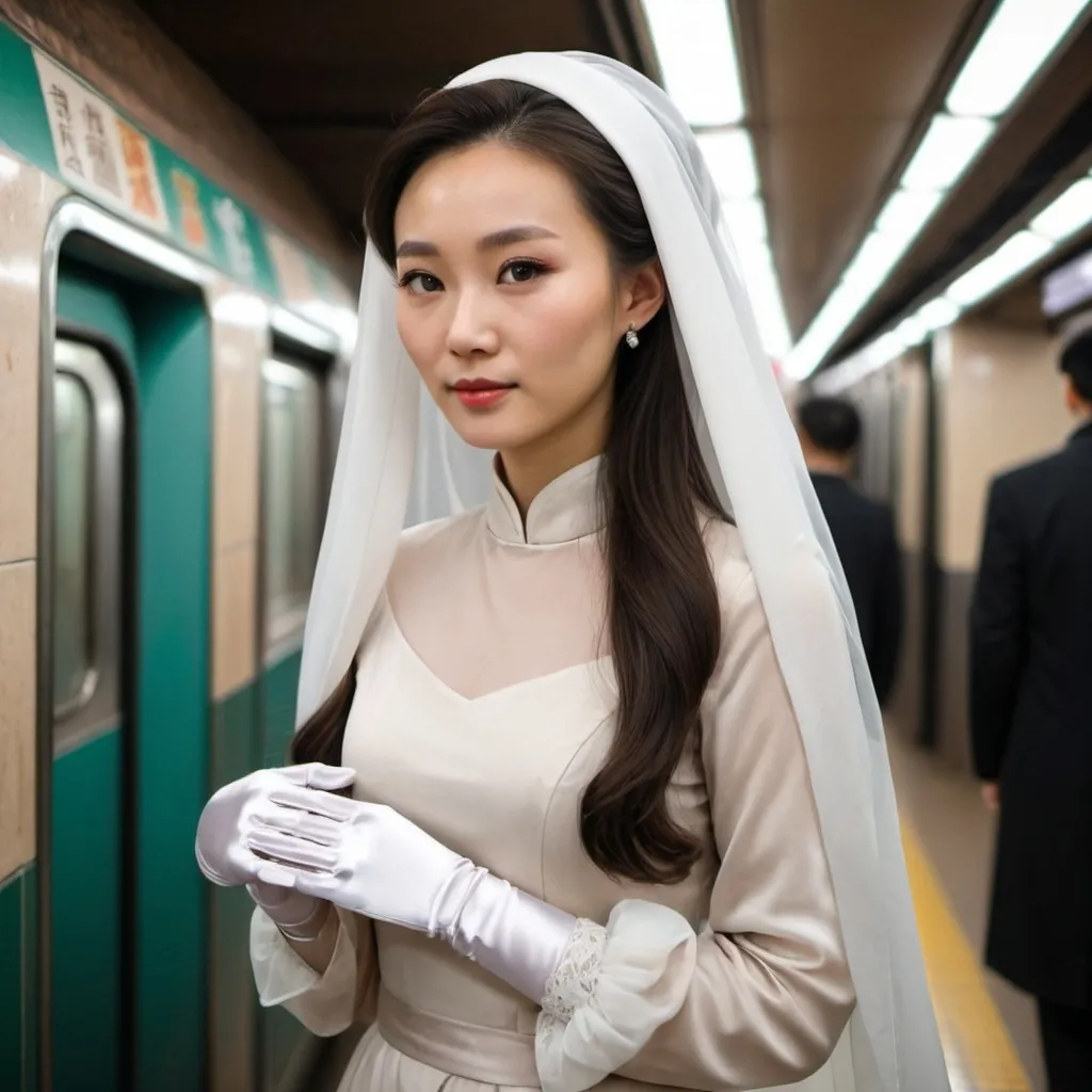 Prompt: A beautiful Chinese woman wears long-sleeves clothes, and white long silk gloves. Modest Catholic Attire, veil on hair. She is in a subway.