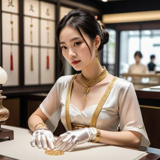 Prompt: In a modern jewelry store, a beautiful Chinese woman wears short-sleeves Hanfu and long white silk gloves. She puts a golden necklace on the table and shows it to a customer