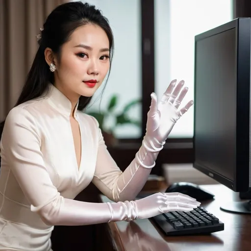 Prompt: A beautiful Chinese woman wears white long silk gloves. She works in front of a desktop computer.