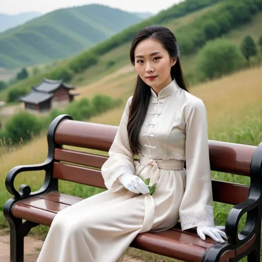 Prompt: A beautiful Chinese woman wears beautiful long-sleeves clothes, and white long silk gloves. Modest Catholic Attire. She sits on a bench, in rural area, on a hill.