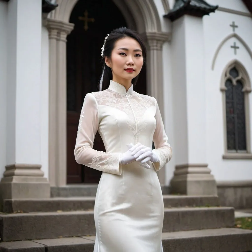 Prompt: A beautiful Chinese woman wears long sleeves, and long white silk gloves. She stands outside a Catholic church. Full body.