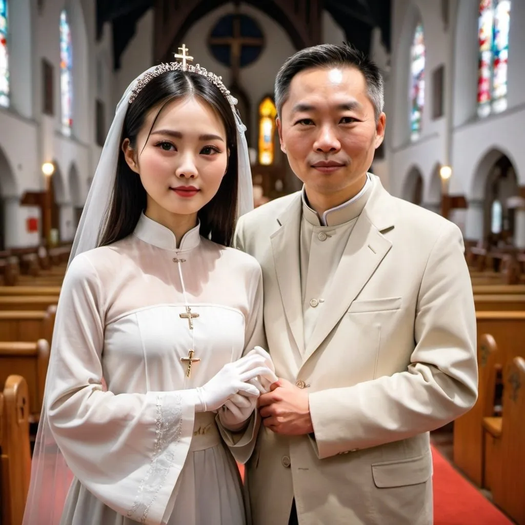 Prompt: A beautiful Chinese woman wears long sleeves, and white long silk gloves. She stands beside her husband in a Catholic church.