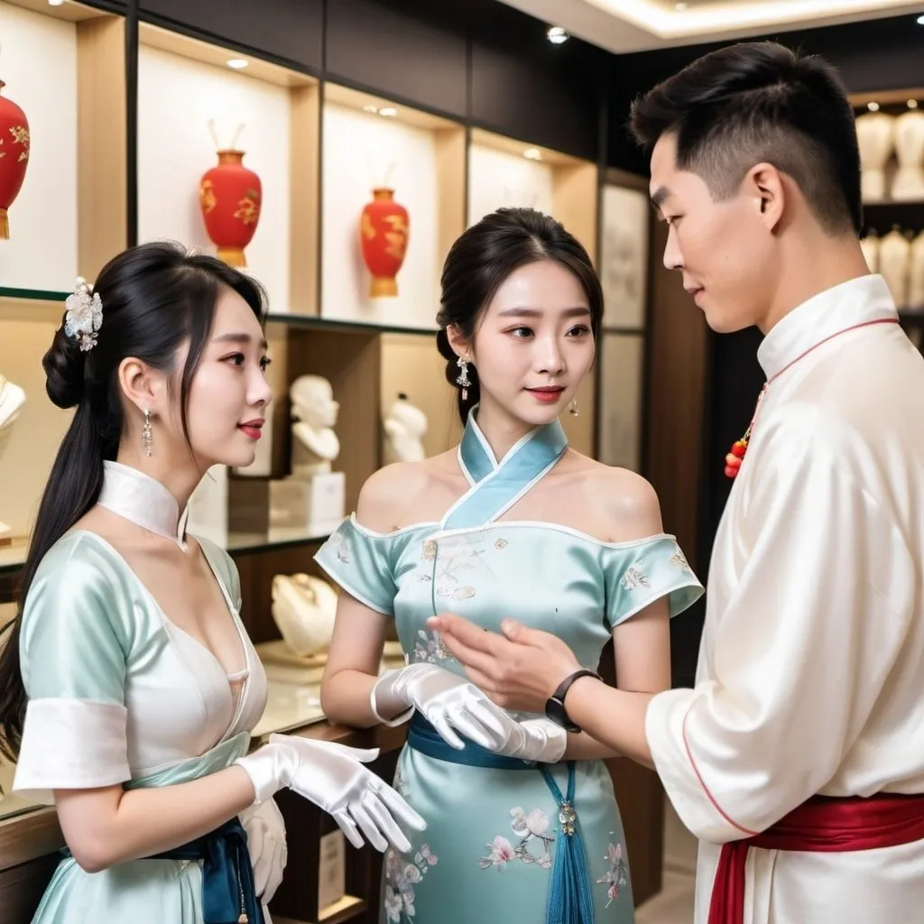 Prompt: In a modern jewelry store, a beautiful Chinese woman wearing short-sleeves Hanfu and long white satin gloves, is explaining to a pair of couples (husband and wife). 