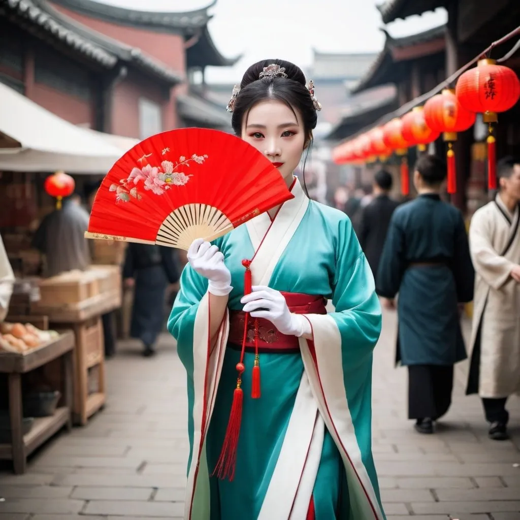Prompt: A beautiful Chinese woman wears Hanfu, and long silk gloves. She holds a Chinese fan and walks in the market.