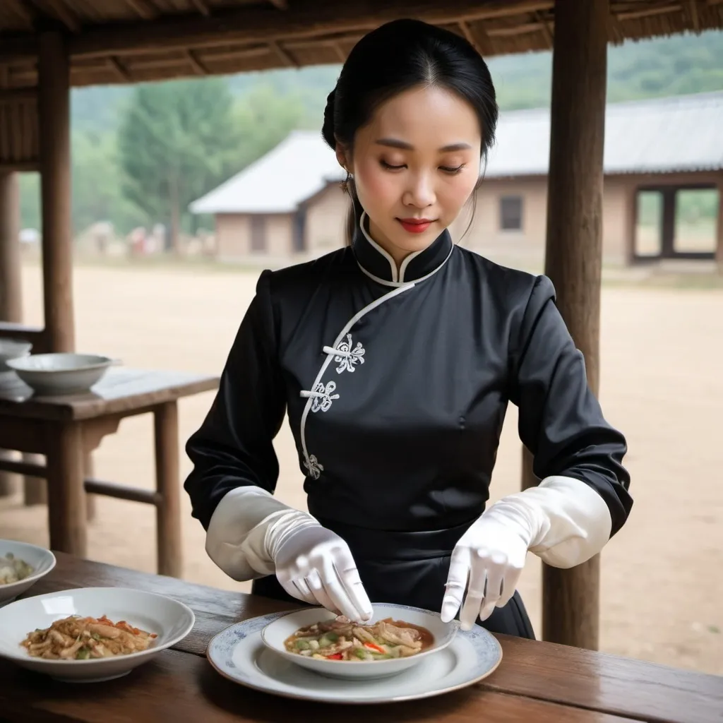 Prompt: A beautiful Chinese woman wears long-sleeves clothes, and white long silk gloves. Modest Catholic Attire. She is serving dishes to the table, in rural area, in a hut outside a Catholic church.