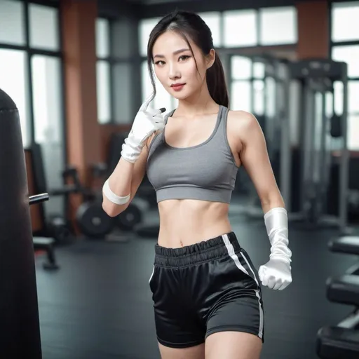 Prompt: A beautiful Chinese woman wears short pants and white long silk gloves. She is doing workout in a gym.