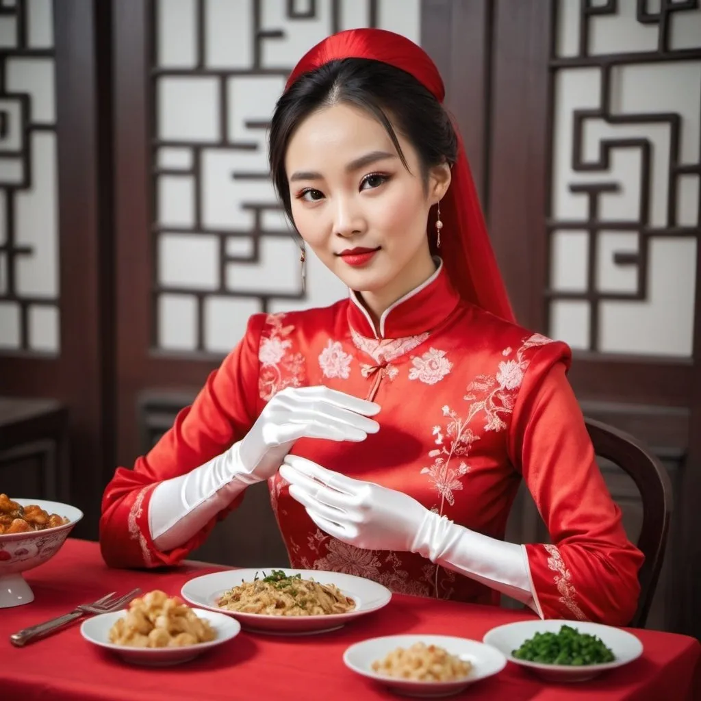 Prompt: A beautiful Chinese woman wears beautiful red long-sleeves clothes, and white long silk gloves. Modest. She serves some vegetarian food on the table. Catholic background.