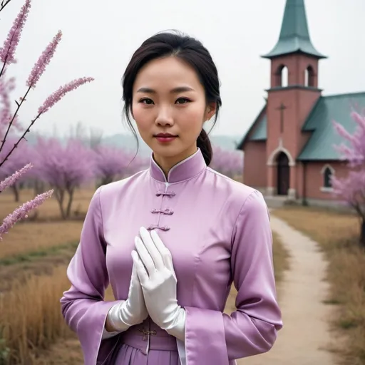 Prompt: A beautiful Chinese woman wears beautiful light purple long-sleeves clothes, and white long silk gloves. Modest Catholic attire. She stands in rural area, behind her at a distance is a Catholic church. Realistic.