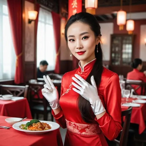 Prompt: A beautiful Chinese woman wears beautiful red long-sleeves clothes, and white long silk gloves. Modest. She is a waitress, stands and serves some vegetarian food in restaurant. Catholic background.