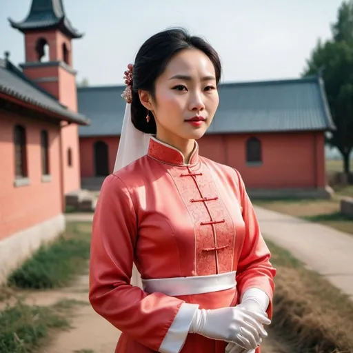 Prompt: A beautiful Chinese woman wears beautiful light red long-sleeves clothes, and white long silk gloves. Modest Catholic attire. She stands in rural area, behind her at a distance is a Catholic church. Full body, realistic.