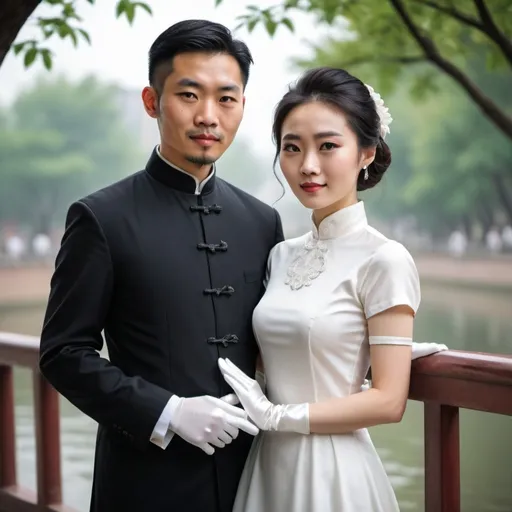 Prompt: A beautiful Chinese woman wears short-sleeves clothes, and white long silk gloves. Modest Catholic Attire. She is with her handsome husband